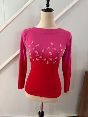 Vintage Y2K Pink Red Ombre Beaded Floral Knit Top Long Sleeve Stretch Size S
